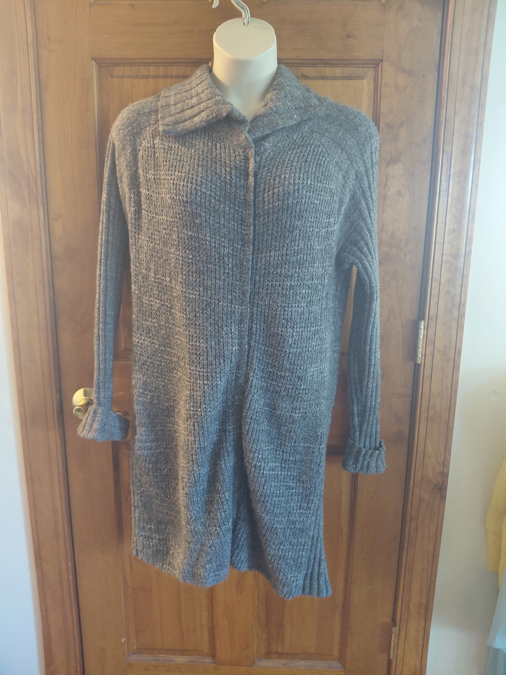 Prana Heather Gray Long Knit Cardigan with Fold Collar Size M